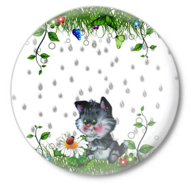 Значок с принтом котёнок в Белгороде,  металл | круглая форма, металлическая застежка в виде булавки | Тематика изображения на принте: божья коровка | дождик | котёнок | цветы