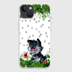 Чехол для iPhone 13 с принтом котёнок в Белгороде,  |  | божья коровка | дождик | котёнок | цветы