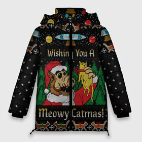 Женская зимняя куртка 3D с принтом Wishing you a meowy catmas в Белгороде, верх — 100% полиэстер; подкладка — 100% полиэстер; утеплитель — 100% полиэстер | длина ниже бедра, силуэт Оверсайз. Есть воротник-стойка, отстегивающийся капюшон и ветрозащитная планка. 

Боковые карманы с листочкой на кнопках и внутренний карман на молнии | Тематика изображения на принте: 2020 | 2021 | christmas | happy | merry | new year | santa | sweater | ugly christmas | альф | зима | котик | новогодний | новогодняя | новый год | рождественский | рождественский свитер | рождество | санта | свитер | снег