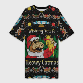 Платье-футболка 3D с принтом Wishing you a meowy catmas в Белгороде,  |  | 2020 | 2021 | christmas | happy | merry | new year | santa | sweater | ugly christmas | альф | зима | котик | новогодний | новогодняя | новый год | рождественский | рождественский свитер | рождество | санта | свитер | снег