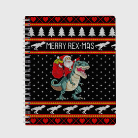 Тетрадь с принтом Merry Rex-mas в Белгороде, 100% бумага | 48 листов, плотность листов — 60 г/м2, плотность картонной обложки — 250 г/м2. Листы скреплены сбоку удобной пружинной спиралью. Уголки страниц и обложки скругленные. Цвет линий — светло-серый
 | 2020 | 2021 | christmas | dino | happy | merry | new year | rex | santa | sweater | t rex | ugly christmas | динозавр | зима | новогодний | новогодняя | новый год | рождественский | рождественский свитер | рождество | санта | свитер | снег