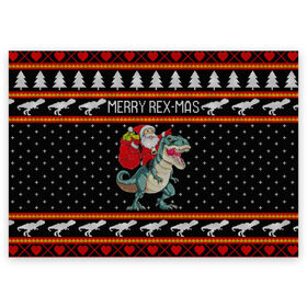 Поздравительная открытка с принтом Merry Rex-mas в Белгороде, 100% бумага | плотность бумаги 280 г/м2, матовая, на обратной стороне линовка и место для марки
 | 2020 | 2021 | christmas | dino | happy | merry | new year | rex | santa | sweater | t rex | ugly christmas | динозавр | зима | новогодний | новогодняя | новый год | рождественский | рождественский свитер | рождество | санта | свитер | снег