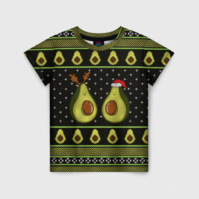 Детская футболка 3D с принтом Avo christmas в Белгороде, 100% гипоаллергенный полиэфир | прямой крой, круглый вырез горловины, длина до линии бедер, чуть спущенное плечо, ткань немного тянется | 2020 | 2021 | avocado | christmas | happy | merry | new year | sweater | ugly christmas | авакадо | зима | новогодний | новогодняя | новый год | рождественский | рождественский свитер | рождество | свитер | снег