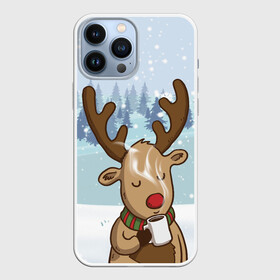 Чехол для iPhone 13 Pro Max с принтом Олень с кружкой в Белгороде,  |  | Тематика изображения на принте: 2021 | new year | деда мороза | зима | к нам приходит | клауса | костюм | новогодний | новый год | праздник | пьёт | рождество | рудольф | санты | снег | снежинки | снежок | согреться | холодно | чай