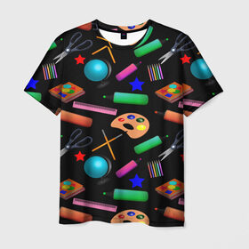 Мужская футболка 3D с принтом Снова в школу в Белгороде, 100% полиэфир | прямой крой, круглый вырез горловины, длина до линии бедер | Тематика изображения на принте: глобус | карандаш | кисточка | класс | краски | линейка | математика | ножницы | перемена | портфель | физика | школа