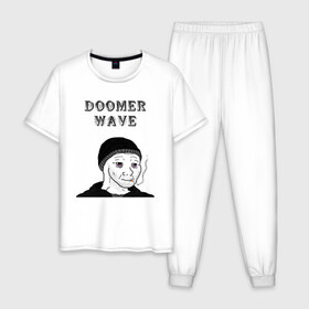 Мужская пижама хлопок с принтом Doomer Wave в Белгороде, 100% хлопок | брюки и футболка прямого кроя, без карманов, на брюках мягкая резинка на поясе и по низу штанин
 | 20 | 2020 | 2021 | 21 | 2k20 | 2к20 | doomer | girl | girls | guy | man | mem | meme | memes | wafe | бумер | бумеры | волна | девушка | девушки | думер | думеры | зумер | зумеры | мем | мемы | мужчина | парень