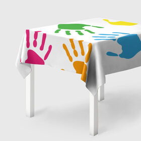 Скатерть 3D с принтом Цветные ладошки - Детский узор в Белгороде, 100% полиэстер (ткань не мнется и не растягивается) | Размер: 150*150 см | дети | детский | краска | ладошки | пальцы | радуга | ребенок | руки | след | узор