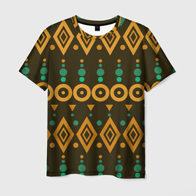 Мужская футболка 3D с принтом Геометрический этнический узор в Белгороде, 100% полиэфир | прямой крой, круглый вырез горловины, длина до линии бедер | геометрия | коричневый | кружочки | народный | оранжевый | паттерн | ромбы | треугольники | узор | этнический