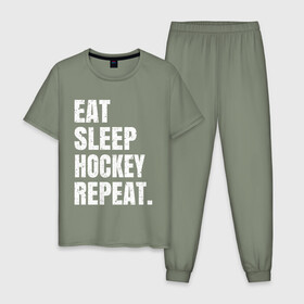 Мужская пижама хлопок с принтом EAT SLEEP HOCKEY REPEAT в Белгороде, 100% хлопок | брюки и футболка прямого кроя, без карманов, на брюках мягкая резинка на поясе и по низу штанин
 | Тематика изображения на принте: boston | bruins | capitals | detroit | eat | eat sleep hockey repeat | hockey | nhl | penguins | pittsburgh | red wings | repeat | sleep | washington | вашингтон кэпиталз | нхл | питтсбург пингвинз | хокей | хоккей