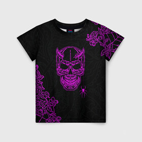Детская футболка 3D с принтом Demonic skull в Белгороде, 100% гипоаллергенный полиэфир | прямой крой, круглый вырез горловины, длина до линии бедер, чуть спущенное плечо, ткань немного тянется | demon | evil | skull | готический | демон | дьявол | зло | монстр | паук | паутина | рога | скелет | цветы | череп