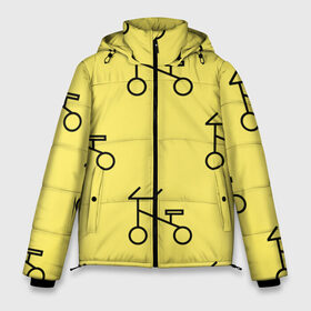 Мужская зимняя куртка 3D с принтом Велосипеды на желтом в Белгороде, верх — 100% полиэстер; подкладка — 100% полиэстер; утеплитель — 100% полиэстер | длина ниже бедра, свободный силуэт Оверсайз. Есть воротник-стойка, отстегивающийся капюшон и ветрозащитная планка. 

Боковые карманы с листочкой на кнопках и внутренний карман на молнии. | велик | велосипед | велоспрот | желтый | кататься | летний | паттерн | покатушки | спорт | узор