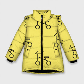 Зимняя куртка для девочек 3D с принтом Велосипеды на желтом в Белгороде, ткань верха — 100% полиэстер; подклад — 100% полиэстер, утеплитель — 100% полиэстер. | длина ниже бедра, удлиненная спинка, воротник стойка и отстегивающийся капюшон. Есть боковые карманы с листочкой на кнопках, утяжки по низу изделия и внутренний карман на молнии. 

Предусмотрены светоотражающий принт на спинке, радужный светоотражающий элемент на пуллере молнии и на резинке для утяжки. | велик | велосипед | велоспрот | желтый | кататься | летний | паттерн | покатушки | спорт | узор