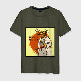 Мужская футболка хлопок с принтом Съедобный самурай в Белгороде, 100% хлопок | прямой крой, круглый вырез горловины, длина до линии бедер, слегка спущенное плечо. | japan | katana | ramen | samurai | катана | лапша | рамен | самурай | япония
