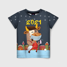 Детская футболка 3D с принтом Коронавирусный Новый Год в Белгороде, 100% гипоаллергенный полиэфир | прямой крой, круглый вырез горловины, длина до линии бедер, чуть спущенное плечо, ткань немного тянется | 2021 | 7 января | bull | newyear | santa | бык | быки | бычок | год быка | дед мороз | корова | новогодние каникулы | новогодние праздники | новый 2021 | новый год | новый год 2021 | рождество | сани | санта | санта клаус