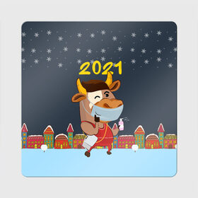 Магнит виниловый Квадрат с принтом Коронавирусный Новый Год в Белгороде, полимерный материал с магнитным слоем | размер 9*9 см, закругленные углы | 2021 | 7 января | bull | newyear | santa | бык | быки | бычок | год быка | дед мороз | корова | новогодние каникулы | новогодние праздники | новый 2021 | новый год | новый год 2021 | рождество | сани | санта | санта клаус