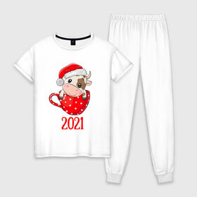 Женская пижама хлопок с принтом Милый новогодний бычок 2021 в Белгороде, 100% хлопок | брюки и футболка прямого кроя, без карманов, на брюках мягкая резинка на поясе и по низу штанин | 2021 | 7 января | bull | newyear | santa | бык | быки | бычок | год быка | дед мороз | корова | новогодние каникулы | новогодние праздники | новый 2021 | новый год | новый год 2021 | рождество | сани | санта | санта клаус