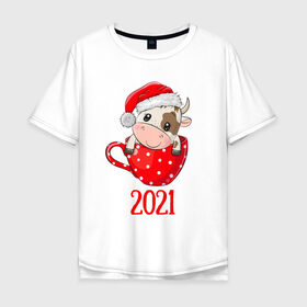 Мужская футболка хлопок Oversize с принтом Милый новогодний бычок 2021 в Белгороде, 100% хлопок | свободный крой, круглый ворот, “спинка” длиннее передней части | Тематика изображения на принте: 2021 | 7 января | bull | newyear | santa | бык | быки | бычок | год быка | дед мороз | корова | новогодние каникулы | новогодние праздники | новый 2021 | новый год | новый год 2021 | рождество | сани | санта | санта клаус