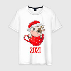 Мужская футболка хлопок с принтом Милый новогодний бычок 2021 в Белгороде, 100% хлопок | прямой крой, круглый вырез горловины, длина до линии бедер, слегка спущенное плечо. | 2021 | 7 января | bull | newyear | santa | бык | быки | бычок | год быка | дед мороз | корова | новогодние каникулы | новогодние праздники | новый 2021 | новый год | новый год 2021 | рождество | сани | санта | санта клаус