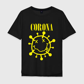 Мужская футболка хлопок Oversize с принтом CORONA SMILE в Белгороде, 100% хлопок | свободный крой, круглый ворот, “спинка” длиннее передней части | 2020 | china | corona | kobain | music | nirvana | smile | virus | болезнь | карантин | кобэйн | коронавирус | музыка | нирвана | пандемия | смайлик | удаленка | эпидемия
