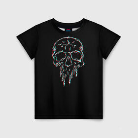 Детская футболка 3D с принтом Skull Glitch в Белгороде, 100% гипоаллергенный полиэфир | прямой крой, круглый вырез горловины, длина до линии бедер, чуть спущенное плечо, ткань немного тянется | bone | glitch | graffite | neon | skull | глитч | голова | граффити | кости | кость | неон | полосы | рисунок | человек | череп