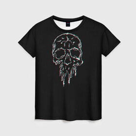 Женская футболка 3D с принтом Skull Glitch в Белгороде, 100% полиэфир ( синтетическое хлопкоподобное полотно) | прямой крой, круглый вырез горловины, длина до линии бедер | bone | glitch | graffite | neon | skull | глитч | голова | граффити | кости | кость | неон | полосы | рисунок | человек | череп