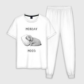 Мужская пижама хлопок с принтом Monday Mood в Белгороде, 100% хлопок | брюки и футболка прямого кроя, без карманов, на брюках мягкая резинка на поясе и по низу штанин
 | dream | monday | mood | rabbit | sleep | заяц | кролик | понедельник | работа | сон | спать