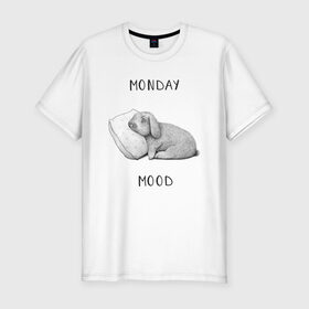 Мужская футболка хлопок Slim с принтом Monday Mood в Белгороде, 92% хлопок, 8% лайкра | приталенный силуэт, круглый вырез ворота, длина до линии бедра, короткий рукав | Тематика изображения на принте: dream | monday | mood | rabbit | sleep | заяц | кролик | понедельник | работа | сон | спать