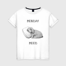 Женская футболка хлопок с принтом Monday Mood в Белгороде, 100% хлопок | прямой крой, круглый вырез горловины, длина до линии бедер, слегка спущенное плечо | Тематика изображения на принте: dream | monday | mood | rabbit | sleep | заяц | кролик | понедельник | работа | сон | спать