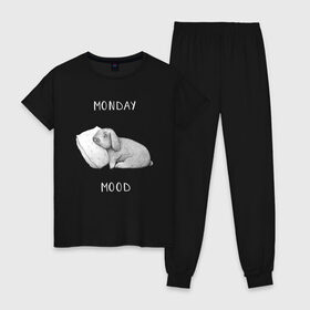 Женская пижама хлопок с принтом Monday Mood в Белгороде, 100% хлопок | брюки и футболка прямого кроя, без карманов, на брюках мягкая резинка на поясе и по низу штанин | dream | monday | mood | rabbit | sleep | заяц | кролик | понедельник | работа | сон | спать