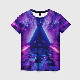 Женская футболка 3D с принтом Неоновый туннель в Белгороде, 100% полиэфир ( синтетическое хлопкоподобное полотно) | прямой крой, круглый вырез горловины, длина до линии бедер | геометрия | лазер | неон | розовый | свет | синий | треугольник | фигура | фиолетовый | цвета