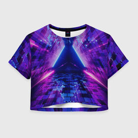 Женская футболка Crop-top 3D с принтом Неоновый туннель в Белгороде, 100% полиэстер | круглая горловина, длина футболки до линии талии, рукава с отворотами | геометрия | лазер | неон | розовый | свет | синий | треугольник | фигура | фиолетовый | цвета