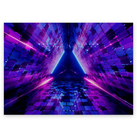 Поздравительная открытка с принтом Неоновый туннель в Белгороде, 100% бумага | плотность бумаги 280 г/м2, матовая, на обратной стороне линовка и место для марки
 | геометрия | лазер | неон | розовый | свет | синий | треугольник | фигура | фиолетовый | цвета