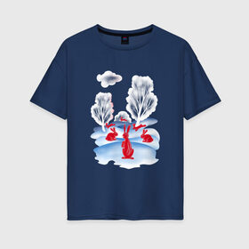 Женская футболка хлопок Oversize с принтом КРАСНЫЕ ЗАЙЦЫ в Белгороде, 100% хлопок | свободный крой, круглый ворот, спущенный рукав, длина до линии бедер
 | для детей | зайцы | зайчики | зима | красный | пейзаж