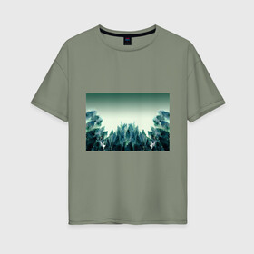 Женская футболка хлопок Oversize с принтом акварельный лес градиент в Белгороде, 100% хлопок | свободный крой, круглый ворот, спущенный рукав, длина до линии бедер
 | акварель | горы | деревья | дымка | ели | лес | нрадиент | олень | отражение | природа | рисунок | силуэты