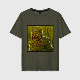 Женская футболка хлопок Oversize с принтом Swamp monster в Белгороде, 100% хлопок | свободный крой, круглый ворот, спущенный рукав, длина до линии бедер
 | art | monster | monstr | pop art | арт | болотное чудовище | болото | монстр | поп арт | чудище | чудовище | шрек