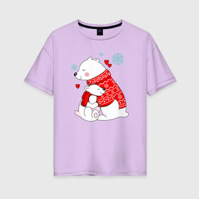Женская футболка хлопок Oversize с принтом Медведица с медвежонеком в Белгороде, 100% хлопок | свободный крой, круглый ворот, спущенный рукав, длина до линии бедер
 | белые медведи | белые мишки | белый медведь | белый мишка | мама мишки | медведи | медведица | медведица с медвежонком | медведь | медвежонок | медвежья любовь | медвежья семья | мишка | мишки