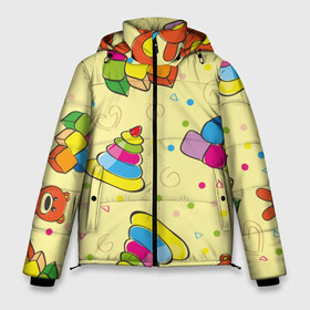 Мужская зимняя куртка 3D с принтом Детские игрушки в Белгороде, верх — 100% полиэстер; подкладка — 100% полиэстер; утеплитель — 100% полиэстер | длина ниже бедра, свободный силуэт Оверсайз. Есть воротник-стойка, отстегивающийся капюшон и ветрозащитная планка. 

Боковые карманы с листочкой на кнопках и внутренний карман на молнии. | детский | для ребенка | дочь | желтый | игрушки | красочный | милый | мишка | пирамидка | принт | рисованный | сын | узор | яркий