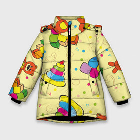 Зимняя куртка для девочек 3D с принтом Детские игрушки в Белгороде, ткань верха — 100% полиэстер; подклад — 100% полиэстер, утеплитель — 100% полиэстер. | длина ниже бедра, удлиненная спинка, воротник стойка и отстегивающийся капюшон. Есть боковые карманы с листочкой на кнопках, утяжки по низу изделия и внутренний карман на молнии. 

Предусмотрены светоотражающий принт на спинке, радужный светоотражающий элемент на пуллере молнии и на резинке для утяжки. | детский | для ребенка | дочь | желтый | игрушки | красочный | милый | мишка | пирамидка | принт | рисованный | сын | узор | яркий