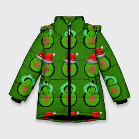 Зимняя куртка для девочек 3D с принтом Авокадо отмечают Новый год! в Белгороде, ткань верха — 100% полиэстер; подклад — 100% полиэстер, утеплитель — 100% полиэстер. | длина ниже бедра, удлиненная спинка, воротник стойка и отстегивающийся капюшон. Есть боковые карманы с листочкой на кнопках, утяжки по низу изделия и внутренний карман на молнии. 

Предусмотрены светоотражающий принт на спинке, радужный светоотражающий элемент на пуллере молнии и на резинке для утяжки. | Тематика изображения на принте: 2021 | авокадо | авокадо дед мороз | авокадо дед мороз и снегурочка | авокадо новый год | авокадо паттерн | авокадо снегурочка | авокадо тусовка | дед мороз и снегурочка авокадо