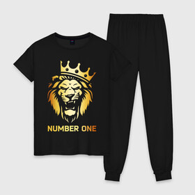 Женская пижама хлопок с принтом ЗОЛОТОЙ ЛЕВ в Белгороде, 100% хлопок | брюки и футболка прямого кроя, без карманов, на брюках мягкая резинка на поясе и по низу штанин | animals | gold | king | lion | number one | pride | вожак | звери | золото | король | корона | кошки | лев | лидер | номер один | первый | прайд | хищник