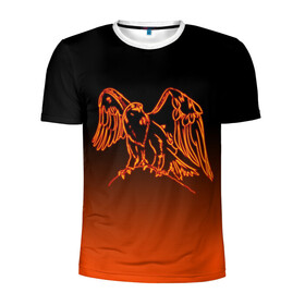 Мужская футболка 3D спортивная с принтом Огненный орел в Белгороде, 100% полиэстер с улучшенными характеристиками | приталенный силуэт, круглая горловина, широкие плечи, сужается к линии бедра | Тематика изображения на принте: bird | eagle | falcon | fiery | fire | neon | orange | арт | беркут | горящая птица | дикий | животные | крылья | неоновый | огненная птица | орел | орлан | перья | пламя | природа | птица | птица огонь | птичка | сокол