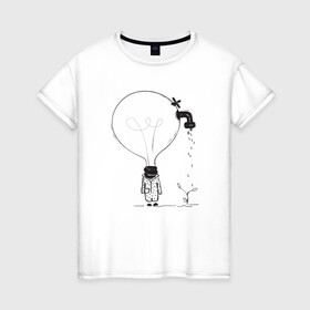 Женская футболка хлопок с принтом Absurd 4 в Белгороде, 100% хлопок | прямой крой, круглый вырез горловины, длина до линии бедер, слегка спущенное плечо | абстрактный | вода | голова | идея | иллюстрация | лампочка | мысли | растение | рисунок | росток | человечек | черно белый