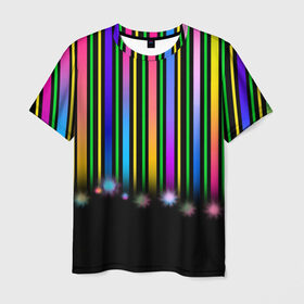 Мужская футболка 3D с принтом Градиентный звездопад в Белгороде, 100% полиэфир | прямой крой, круглый вырез горловины, длина до линии бедер | градиент | звезда | ленты | полоски | праздник | радость | салют | фейерверк