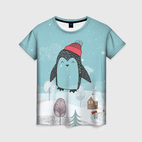 Женская футболка 3D с принтом Милый пингвин в Белгороде, 100% полиэфир ( синтетическое хлопкоподобное полотно) | прямой крой, круглый вырез горловины, длина до линии бедер | 2021 | 7 января | bull | newyear | santa | бык | быки | бычок | год быка | дед мороз | корова | новогодние каникулы | новогодние праздники | новый 2021 | новый год | новый год 2021 | рождество | сани | санта | санта клаус