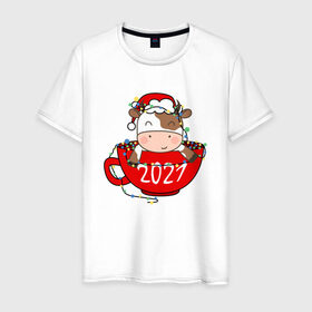 Мужская футболка хлопок с принтом Милый бычок 2021 в Белгороде, 100% хлопок | прямой крой, круглый вырез горловины, длина до линии бедер, слегка спущенное плечо. | 2021 | 7 января | bull | newyear | santa | бык | быки | бычок | год быка | дед мороз | корова | новогодние каникулы | новогодние праздники | новый 2021 | новый год | новый год 2021 | рождество | сани | санта | санта клаус