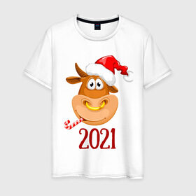 Мужская футболка хлопок с принтом Веселый бык 2021 в Белгороде, 100% хлопок | прямой крой, круглый вырез горловины, длина до линии бедер, слегка спущенное плечо. | 2021 | 7 января | bull | newyear | santa | бык | быки | бычок | год быка | дед мороз | корова | новогодние каникулы | новогодние праздники | новый 2021 | новый год | новый год 2021 | рождество | сани | санта | санта клаус