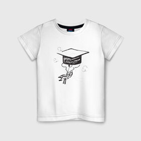 Детская футболка хлопок с принтом Absurd 7 в Белгороде, 100% хлопок | круглый вырез горловины, полуприлегающий силуэт, длина до линии бедер | выпускник | графика | иллюстрация | кисточка | облака | полет | рисунок | треуголка | ученик | человечек | черно белый