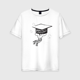 Женская футболка хлопок Oversize с принтом Absurd 7 в Белгороде, 100% хлопок | свободный крой, круглый ворот, спущенный рукав, длина до линии бедер
 | выпускник | графика | иллюстрация | кисточка | облака | полет | рисунок | треуголка | ученик | человечек | черно белый