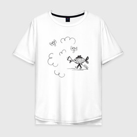Мужская футболка хлопок Oversize с принтом Absurd 8 в Белгороде, 100% хлопок | свободный крой, круглый ворот, “спинка” длиннее передней части | графика | звук | иллюстрация | облака | рисунок | рупор | рыба | ушки | черно белый | шляпа | юмор