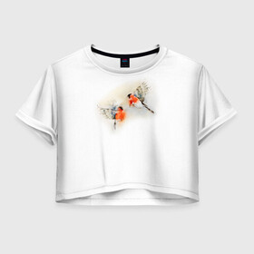 Женская футболка Crop-top 3D с принтом Снегири в Белгороде, 100% полиэстер | круглая горловина, длина футболки до линии талии, рукава с отворотами | животные | зима | новый год | птицы | снег | снегири